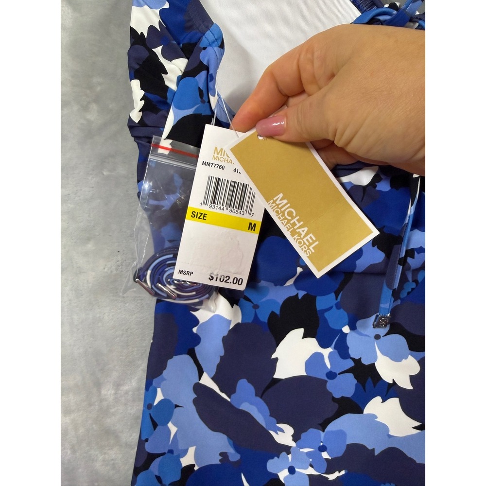 NWT Michael Kors Tankini Swim Top Womens Blue Floral Halter Keyhole Size M $102 - Picture 6 of 7